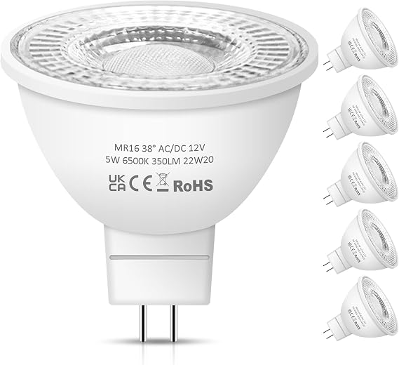 MR16 LED Bulbs, 12V 5W (50W Halogen Equivalent) Cool White 6500K 38° Beam Angle LED MR16 Non-Dimmable for Indoor/Outdoor Landscape, Recessed, Track Lighting, GU5.3 Bi Pin Base, 6 Pack [Energy Class F]
