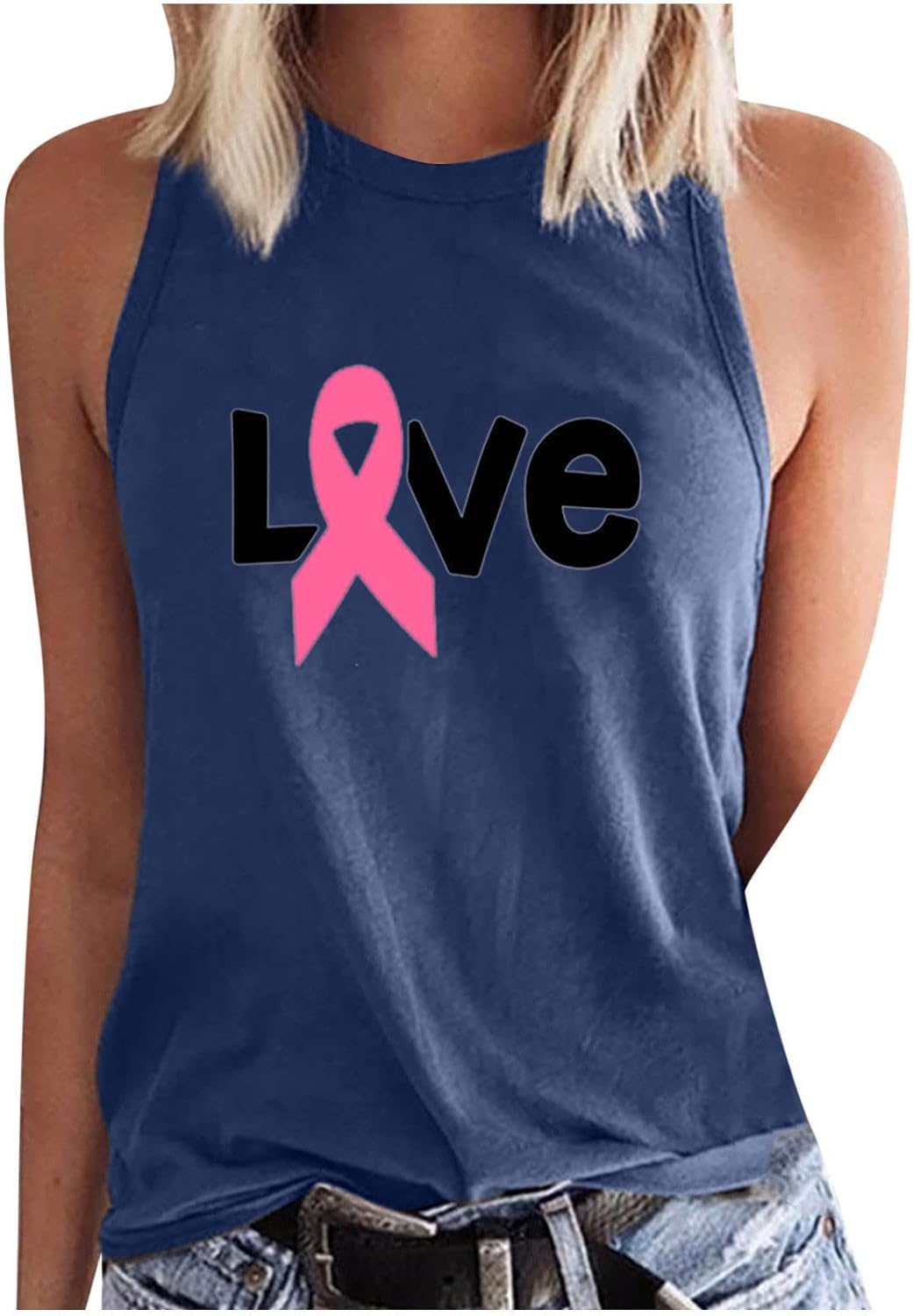 Love Women Letter Print Tank Tops Casual Sleeveless Crewneck Graphic Tee Breast Cancer Awareness Loose Tshirt Blouses
