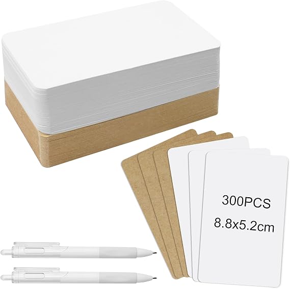 300 Pcs Blank Kraft Cards White & Brown Blank Business Cards with 2 Pcs Writing Pen, Message Word Gift Tags Memory Notes Flash Card for School Home Office Learning