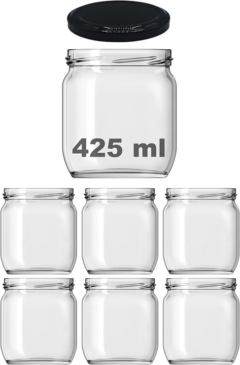 Afracam 10-1000 ml Farklı Boyutlarda Kavanoz (10-1000 Arası) cc Konserve Metal Kapaklı Cam Kavanoz 6 Adet (Şeffaf, 425 cc)