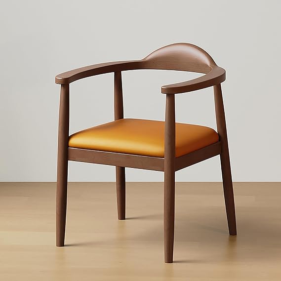 Set Of 2 Wooden Dining Chairs with Backrest And Armrest, Modern Armchair Upholstered Faux Leather Accent Chair Farmhouse Elbow Side Chair for Kitchen Living Room Office (2 Pack, Walnut + Orange)