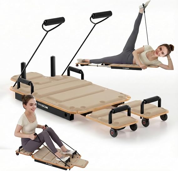 Pilates Board Reformer for Home Workout, Reformer Board, Glide Board, Sliding Rails, Maple Wood Deck & High-Strength Steel Rails, Adjustable Resistance Bands, PU Wheels, Quick Assembly(Beige)