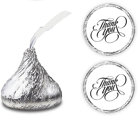 216 Modern Thank You Kisses Stickers, Elegant Chocolate Drops Labels Stickers for Weddings, Bridal Shower Engagement Party Decorations, Favors for Kisses in Black. Made in USA