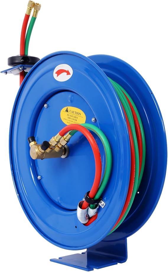 1/4 Inch x 50 FT Retractable Welding Hose Reel, Heavy Duty Steel Single Arm Construction, 200PSI Twin Oxygen Acetylene Rubber Hoses, Industrial Grade Wall Mount Welding Reel Blue (19L8.5W20H)