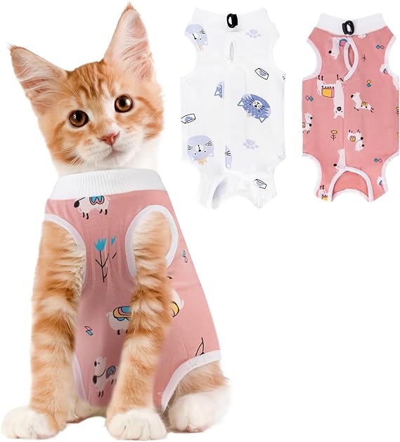 2PCS Cat Recovery Suit for Abdominal Wounds or Skin Diseases, Pink Alpaca & Blue Cat Cat Onesie for Cats After Surgery Female Kitten Recovery Suit, Breathable E-Collar Alternative