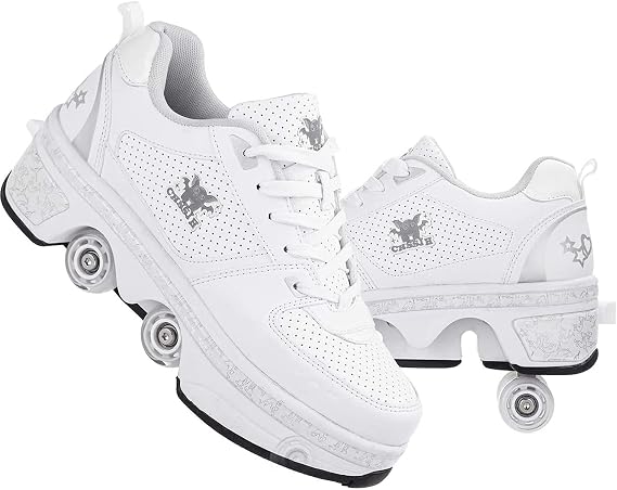 Roller Skate Shoes for Girls and Women - kick Roller Skating Shoes for Kids - High Rollers Shoes with Retractable Wheels - Breathable Mesh - Birthday Gift,White-10US