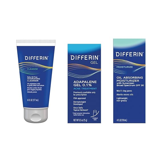 Differin 3-Step Acne Skincare Kit with Adapalene Gel & SPF Moisturizer