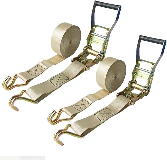 2 Pack Tie Down Straps Ratchet for Trailers Trucks, Cargo Lashing Strap with Double J Hooks, Tie-Down Ratcheting for Kayaks(Beige,3.0m/9.8Ft)