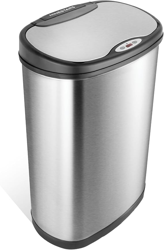 Ninestars 13 Gallon Oval Automatic Trash Can, 50L Touchless Motion Sensor Kitchen Garbage Can with Odor-Sealing Lid, Silver Stainless Steel