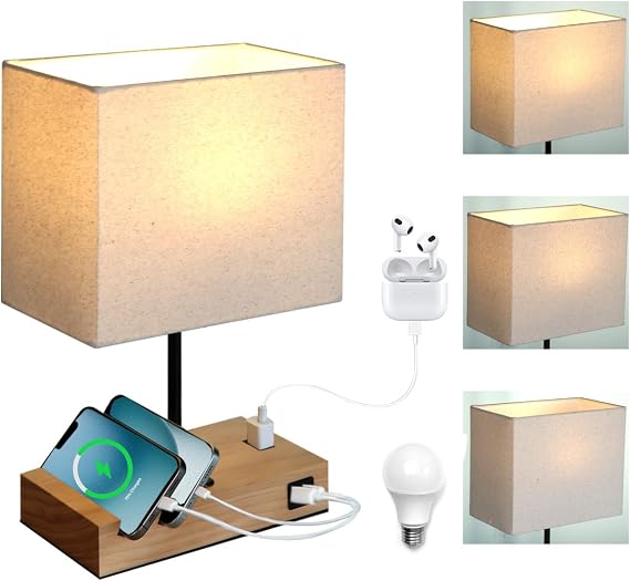 Touch Nightstand Lamp with USB C Port for Bedroom,Bedside Lamps with Charging Station, Small Table Lamp with Charging Outlets and Phone Stands Bulb Included (Wood)