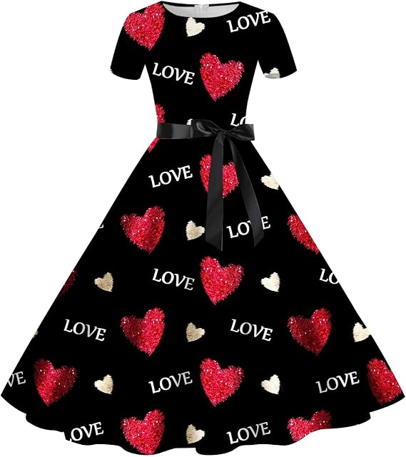 Womens Fashion Valentines Day Cat Print Round Neck Short Sleeve Retro Casual Dress One Short Maxi Dresses for