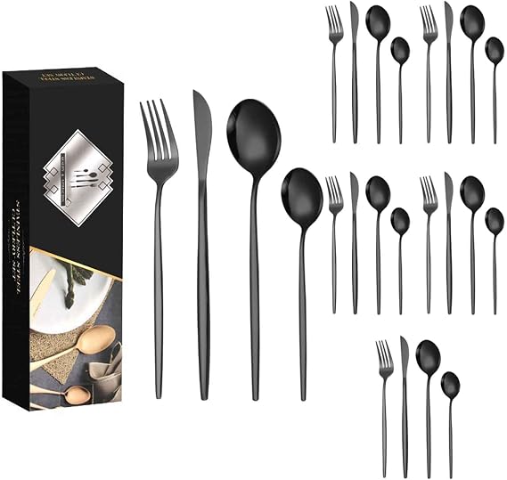 Silverware Cutlery Dining Service for 6, Knives Forks Spoon Set, Dishwasher Safe, Flatware Service for 24 PCS for Formal Events, Parties, Camping Picnic(Size:A,Color:Black)