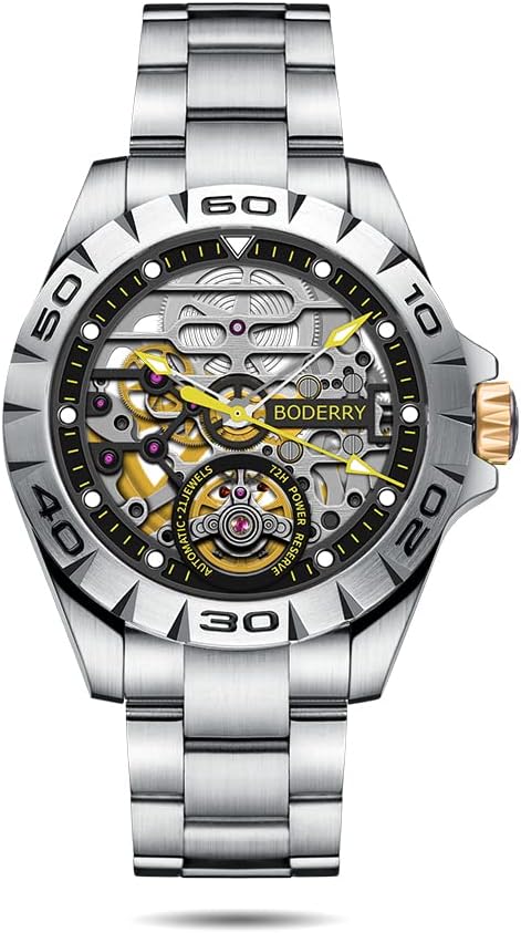 BODERRY Men's Automatic Watch 41.5mm Watch 50M Waterproof Mechanical Watch Luxury Watch Luminous Openwork Dial Sapphire Mirror, watch men 2, Bracelet Type