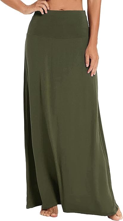EXCHIC Women's Boho Flod Over Long Maxi Skirt Elastic High Waisted Long Skirts for Women