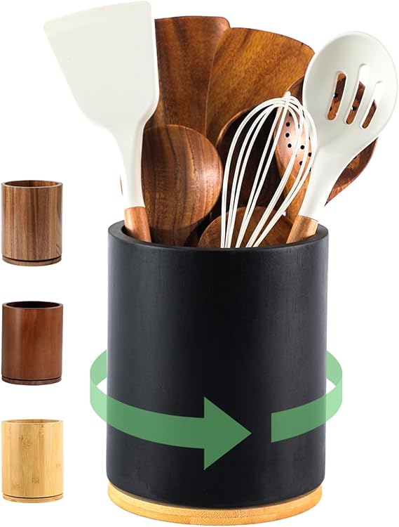 Black Utensil Holder, 360 Rotating 7.3 in Kitchen Organizer