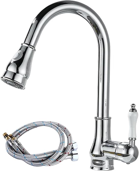 Vintage Kitchen Sink Faucet with Pull Out Spray, 360° Swivel Spout, Chrome Finish, Brass with Ceramic Components