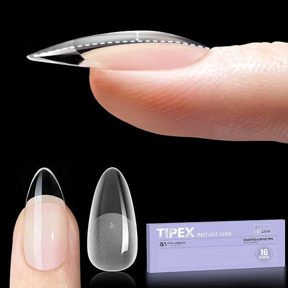 Tipex Instant Apex Nail Tips, Almond Medium Pre-etched Thicker Acrylic Nails, with 15g Tipex Nail Glue,Deep C Curve Matte Underside Press-on Nails, 128pcs 16 Sizes