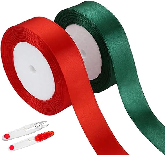 2 Pack Gift Ribbon, Christmas Ribbon, Gift Wrapping Ribbon,0.8 Inch Polyester Satin, Fabric Ribbon for Wrapping, Bow Making, Hair, Christmas Tree Decoration(75.5 Feet) (Red+Green)