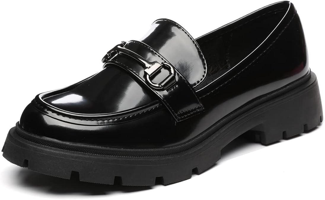 Women's Chunky Platform Loafers with Buckle Patent Leather Black Penny Loafers Fashion Office Work Business School Dressy Casual Shoes Comfortable Slip-on