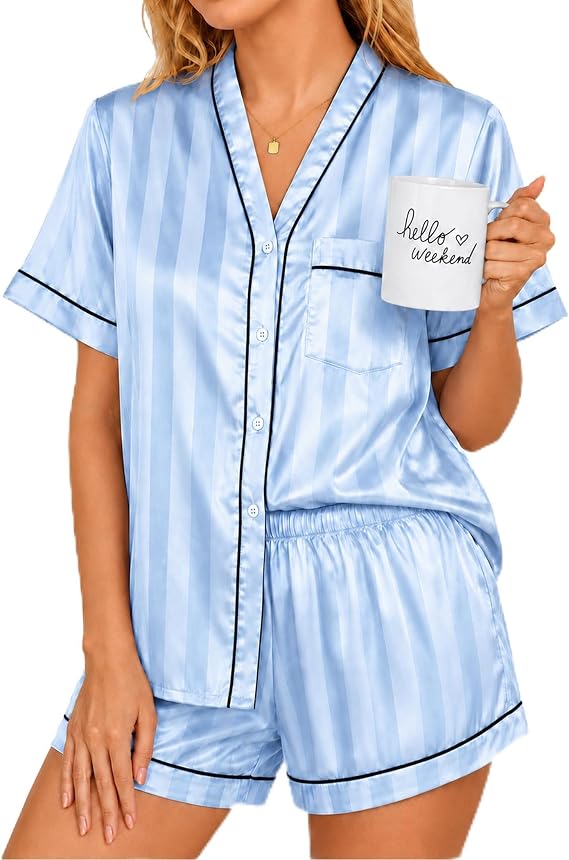 Luwnlorde Silk Satin Pajamas for Women 2 Pieces, Summer Sleepwear Pjs Striped Short Sleeve Button-Up Shirts & Cute Shorts
