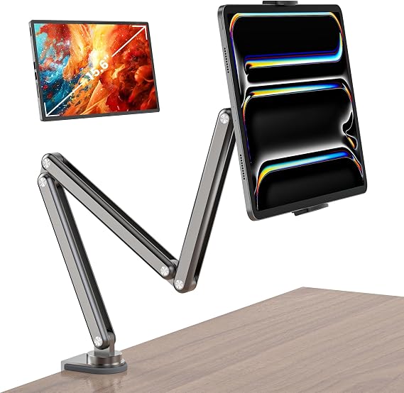 KU XIU Foldable Aluminum Alloy Desk Tablet Stand for 7-15.6" iPad & More | Adjustable Arm Mount Holder for iPad 10/9th, 13/12.9/11" M3 M4 M5 Pro Air, For Samsung Galaxy Tab, 7-15.6" More Devices