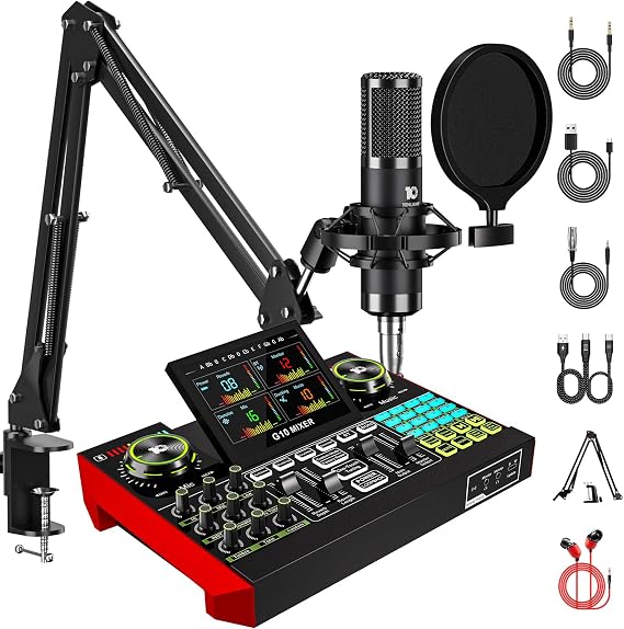 Podcast Equipment Bundle with 3.5mm Condenser Boom Mic(P15) for Pc/Phone Live Streaming Singing Gaming Music Recording, Live Sound Card Audio Mixer, Sound Board with Voice Changer, Denoise