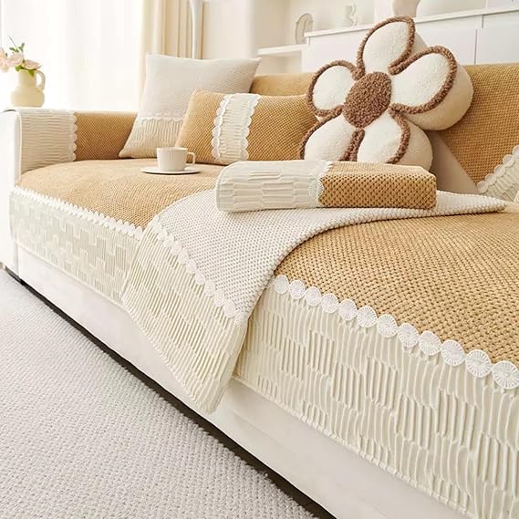 Plush Sofa Covers L/U Shaped Corner Couch Cover 1 2 3 4 Seater Non-Slip Sofa Slipcovers For Leather/Wooden/Fabric Sofa Rebellious Cat Anti-Scratch Blanket For Windowsill(Pillowcase:30X50cm,Khaki)