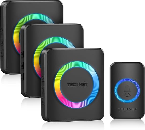 TECKNET Wireless Doorbell with 3 Receivers,400M/1300ft Wireless Range,Black