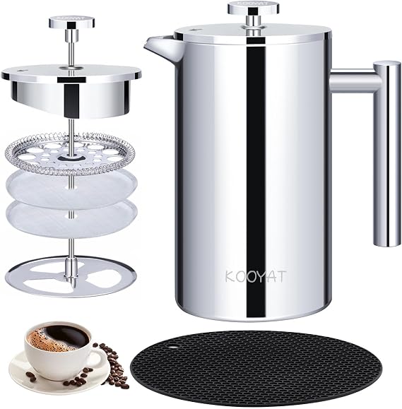 Cafetiere 8 Cup,1000ml French Press Coffee Maker,Double Wall,Silver