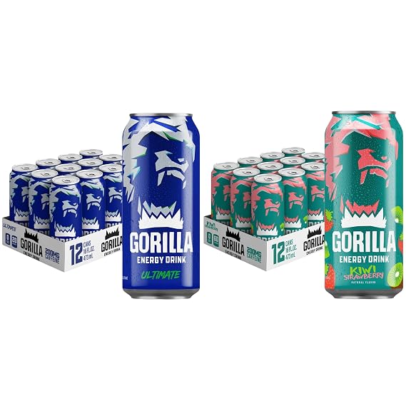 Gorilla Energy Drink, Kiwi Strawberry & Ultimate, 200mg Natural Caffeine, Real Fruit Juice Squeezed & Concentrated, No Added Sugar and No Artificial Colors, 24 Cans