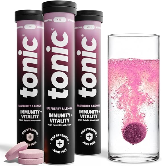 Tonic Health Immunity & Vitality Tablets - 4-in-1 Effervescent Multivitamins and Nutrients - Vitamin D, Vitamin C and Zinc - Vegan, No Sugar- Max Strength Tablets, Raspberry & Lemon, 60 Count