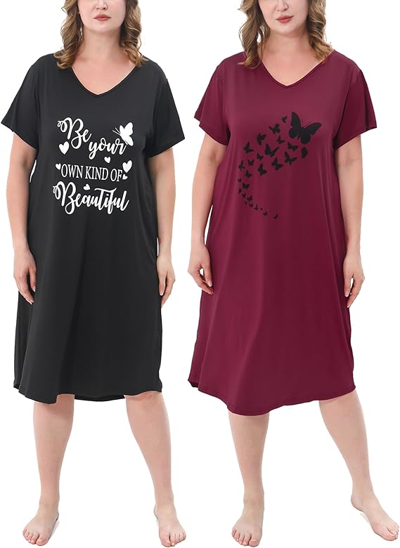 2 Pack Plus Size Nightgown for Women Casual V Neck Nightshirts Print Short Sleeve Sleepwear