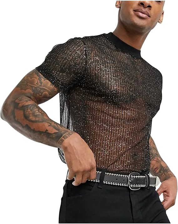 Mens Mesh Shirts See Through Sheer Clubwear Party Glitter Tops