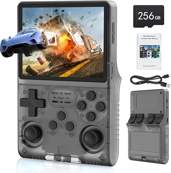 FVBADE R40S PRO Handheld Game Console 3.5 inch IPS Screen Mini Retro Console 3800mAh Portable Pocket Arcade 256G TF Card Transparent.(Black)