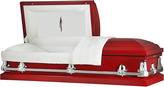 Titan Casket Orion Panel Collection Handcrafted Funeral Casket - Red with White Crepe Interior & 'Flag at Rest' Head Panel-Premium Metal Adult Casket, Coffin with Adjustable Bed & Rubber Gasket Seal.