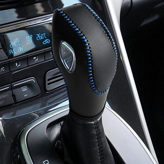 Leather Gear Shift Knob Cover with Black Leather and Blue Stitches | Compatible with Ford Focus Escape Fusion C-Max Energi Wagon Transit Fiesta 2012-2019 Shifter Knob Cover
