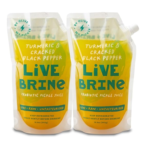 Olive My Pickle Probiotic Pickle Juice - 39 Ounces | 2 Pack of LiveBrine Turmeric & Cracked Black Pepper Pickle Juice with Natural Probiotics and Digestive Enzymes for Gut Health - 26 Pickle Shots