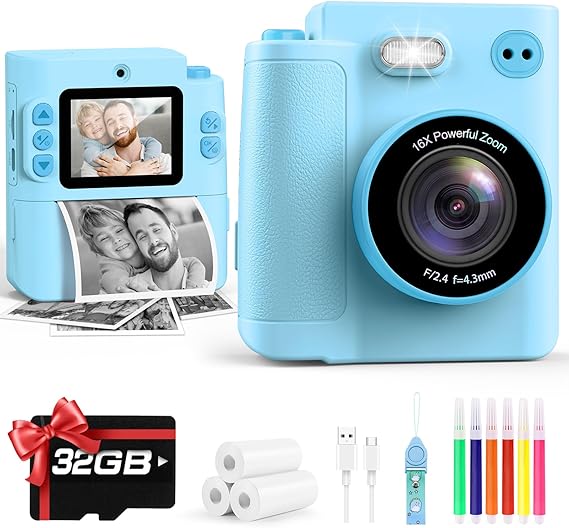 Yunaking Camera for Kids Instant Print, Birthday Christmas Boys Gift Blue | Dual Lens/1080P Video/Thermal Prints/Games/MP3, with 32G SD Card, Toys for Kids Boy Ages 3 4 5 6 7 8 9 10, Digital Camera