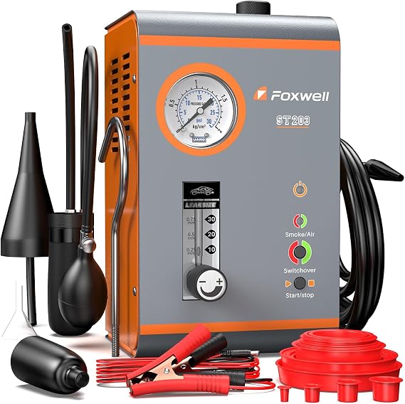 FOXWELL 2026 ST203 Smoke Machine Leak Detector with Air + Smoke Dual Mode, Adjustable Pressure & Flow, Built-in Air Pump, Smoke Tester for EVAP, Intake, Exhaust, Vacuum & Fuel Systems on 12V Vehicles