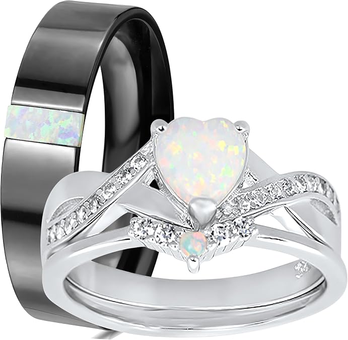LaRaso & Co His Her Wedding Ring Set 3 Piece Trio Opal Silver Titanium Couples Bands