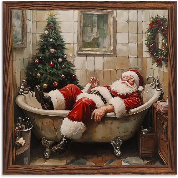 Funny Santa Relaxing in Bathtub Christmas Wooden Sign 7.87x7.87 Inch, Festive Santa Poster Sign for Bathroom Wall Art Decor, Unique Farmhouse Santa Claus Decorative Signs