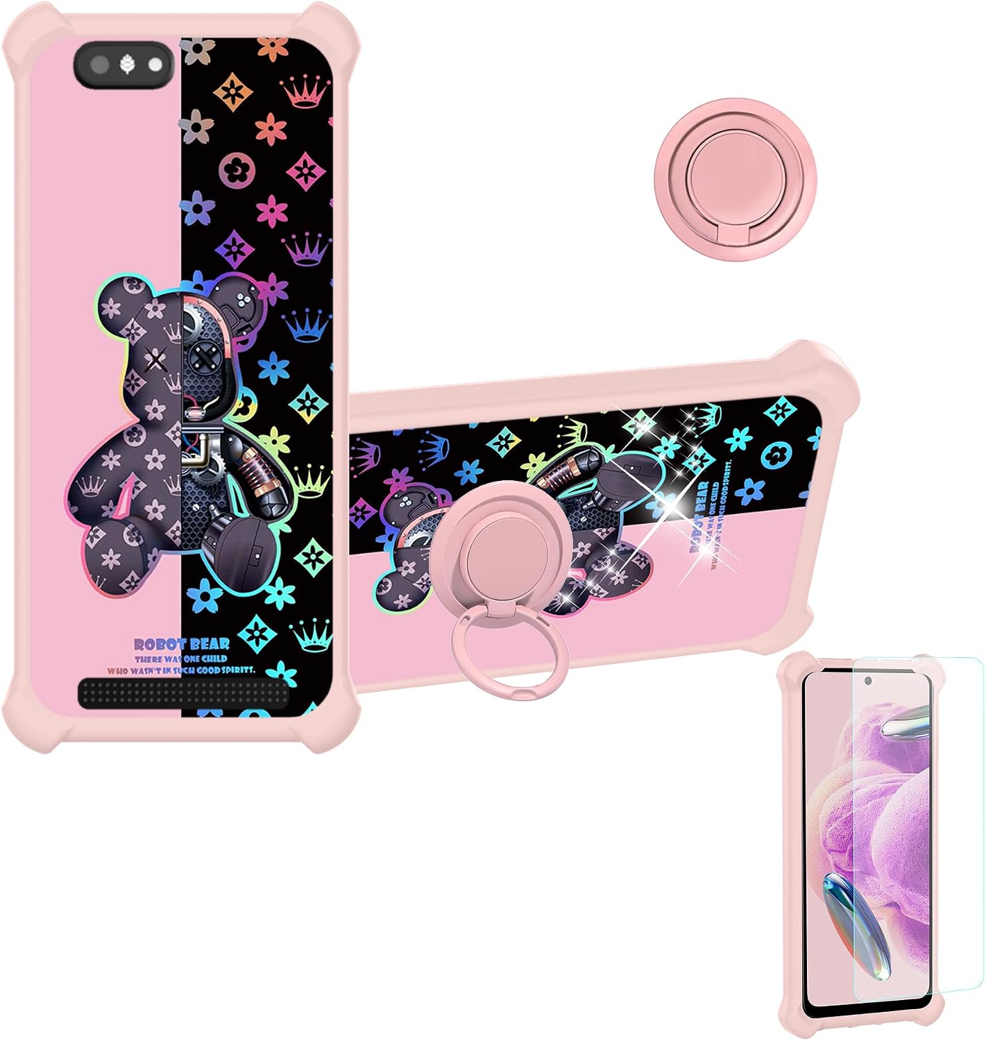Case Compatible for PINEPHONE Pro Phone Case Cover with 1 Tempered Glass Screen Protector Hard PC  Soft Silicone Ring Support Colorful Reflect Light IMDF-JXX