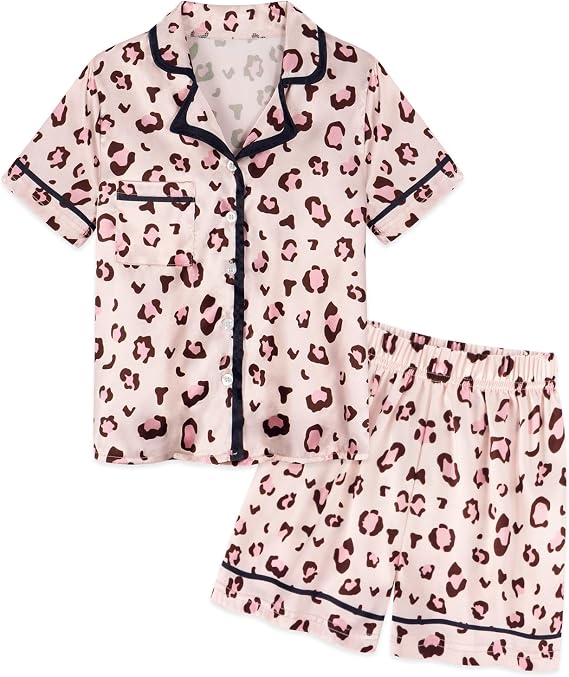 Girls Pajamas Set Silk Satin Pajama Kids Butoon Down Sleepwear Nightwear