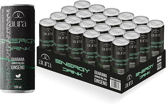 Aura Healthy Energy Drink | 250 ml x 24 Box | Natural Content, Low Sugar | Ginseng, Guarana, Ginkgo Biloba Supported | Does not contain Aspartame and Acesulfame K