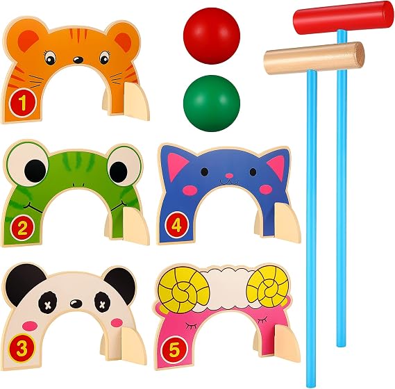 TOYANDONA Kids Croquet Set 2 Player - Animal Croquet Set Wooden Outdoor Games Activities with Wooden Mallets Colored Balls for Kids Indoor Lawn Backyard Park and More