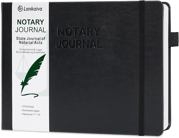 Notary Journal Log Book with Privacy Guard and Inner Pocket, 10"X7", Black
