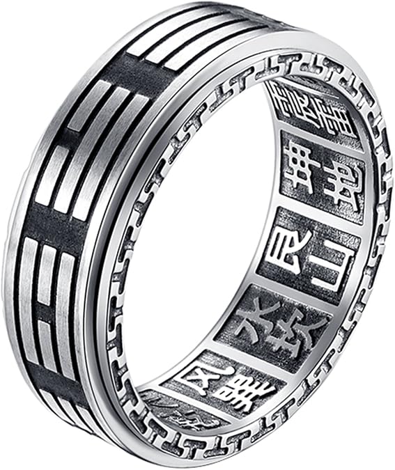 ALEXTINA Men's 8MM Stainless Steel Yin Yang Spinner Ring Ba Gua Feng Shui Eight Trigrams Signet Band
