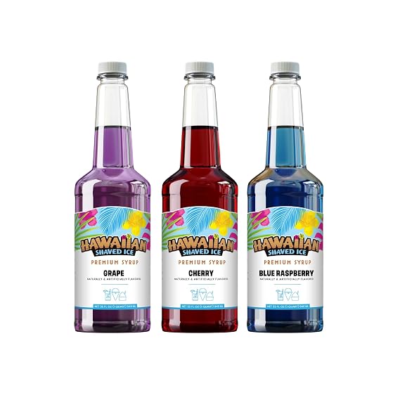 Hawaiian Shaved Ice Syrup Quart 3-pack, Cherry, Grape, Blue Raspberry, for Slushies, Italian Soda, Seltzers, Popsicles, More, No Refrigeration Needed, Allergy-friendly