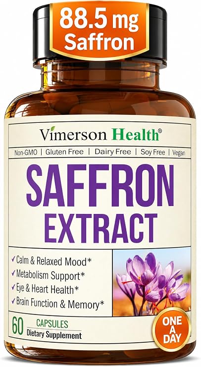 Pure Saffron Extract 88.5mg for Mood Support and Eye Health Third Party Tested (Azafran) Saffron Supplements for Women & Men Vegan + Non-GMO 60 Capsules 2 Months Supply
