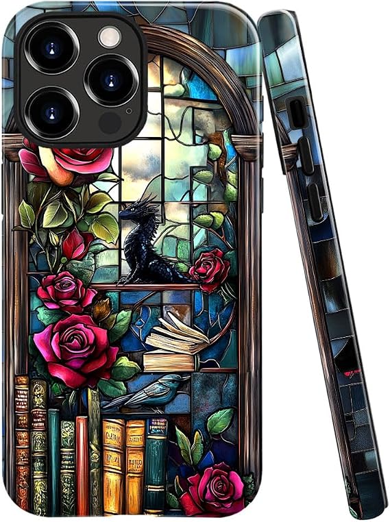 DAIZAG Case Compatible with iPhone 15 Pro,Glossy Durable Shock Protection Cover for Girl Women,Dinosaur Rose Bookshelf Gothic
